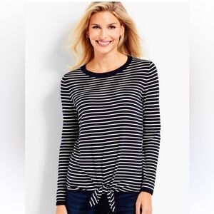 Talbots Sweater Women's Size Large Striped Tie Hem Navy Blue White